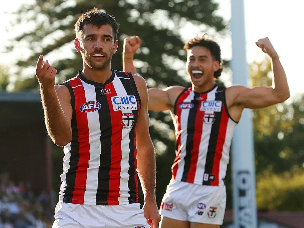 ADELAIDE, AUSTRALIA – APRIL 07: Riley Bonner celebrates a goal with Mitch Owens at Norwood Oval. Picture: Sarah Reed/AFL Photos via Getty Images.