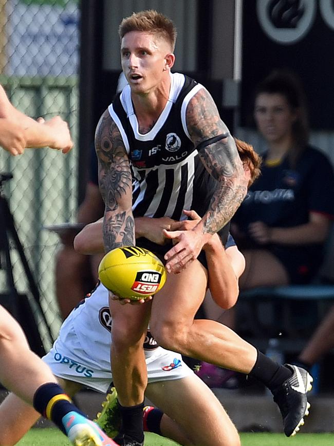 Hartlett during a SANFL trial match at Alberton Oval in March before his comeback was thwarted by a hamstring injury. Picture: Tom Huntley