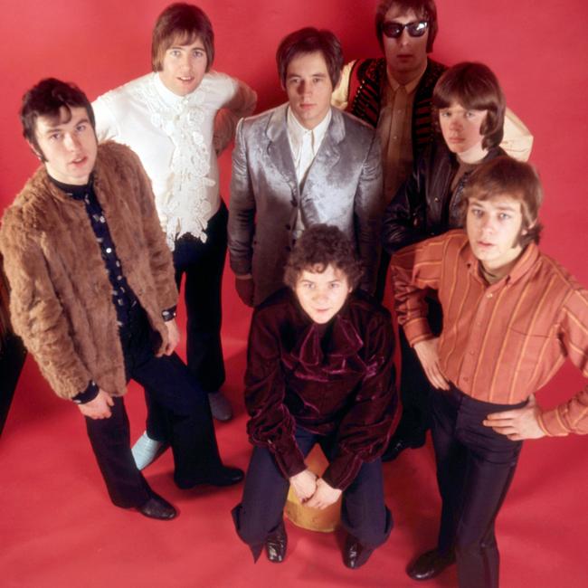 Amen Corner (clockwise from centre): Lead singer Andy Fairweather Low, tenor saxophonist Mike Smith, keyboard player Blue Weaver, guitar player Neil Jones, drummer Dennis Bryon, bass player Clive Taylor and saxophonist Allan Jones, circa 1967. Picture: Jeff Hochberg/Getty Images)