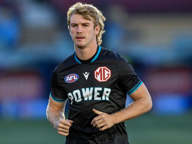 ADELAIDE, AUSTRALIA - APRIL 05:   Jason Horne-Francis of the Power  during  warm ups of the round four AFL match between Port Adelaide Power and Essendon Bombers at Adelaide Oval, on April 05, 2024, in Adelaide, Australia. (Photo by Mark Brake/Getty Images)