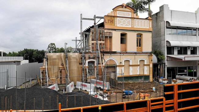 PROGRESS: The front facade of the Commonwealth Hotel has been stabilised as part of the Ipswich CBD development. Picture: Rob Williams