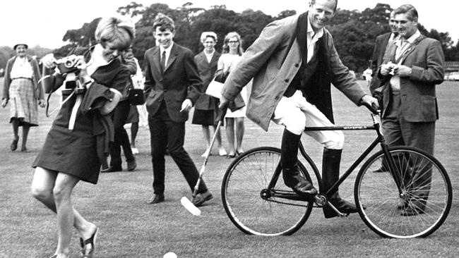 Prince Philip practices his bicycle polo technique at Windsor in 1964. Picture: Getty Images