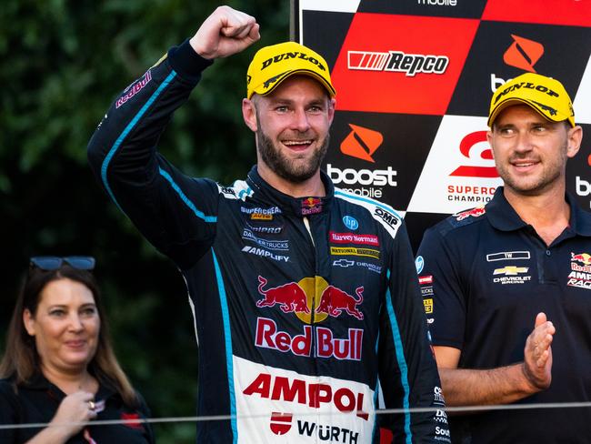 Shane van Gisbergen on the Gold Coast 500 podium. Picture: Daniel Kalisz/Getty