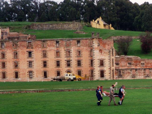 A victim is carried to a helicopter during the massacre at Port Arthur Historic Site on 28 April, 1996.