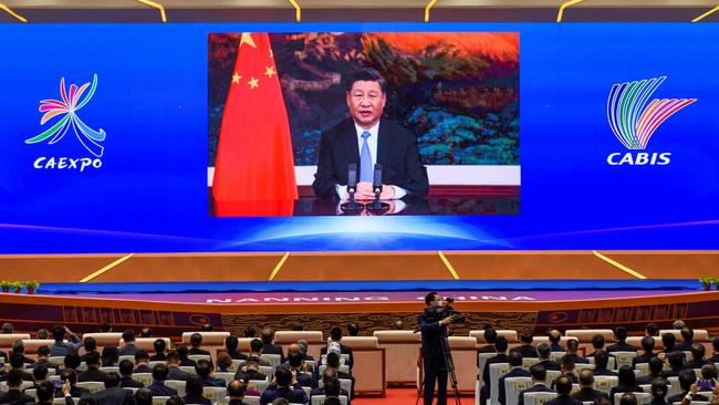 Chinese President Xi Jinping delivers a speech via video at the opening ceremony of the 17th China-ASEAN (Association of Southeast Asian Nations) Expo in November.