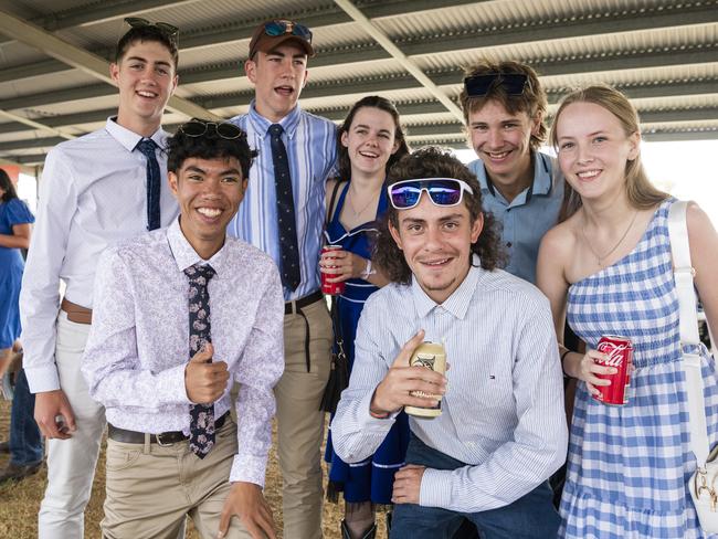 At the Clifton Races are (from left) Kyan Oats, Mitchell Neilsen, Dallas Baker, Amberlina Walker, Jesse Missen, Kyran Foster and Samantha Renshaw, Saturday, October 28, 2023. Picture: Kevin Farmer