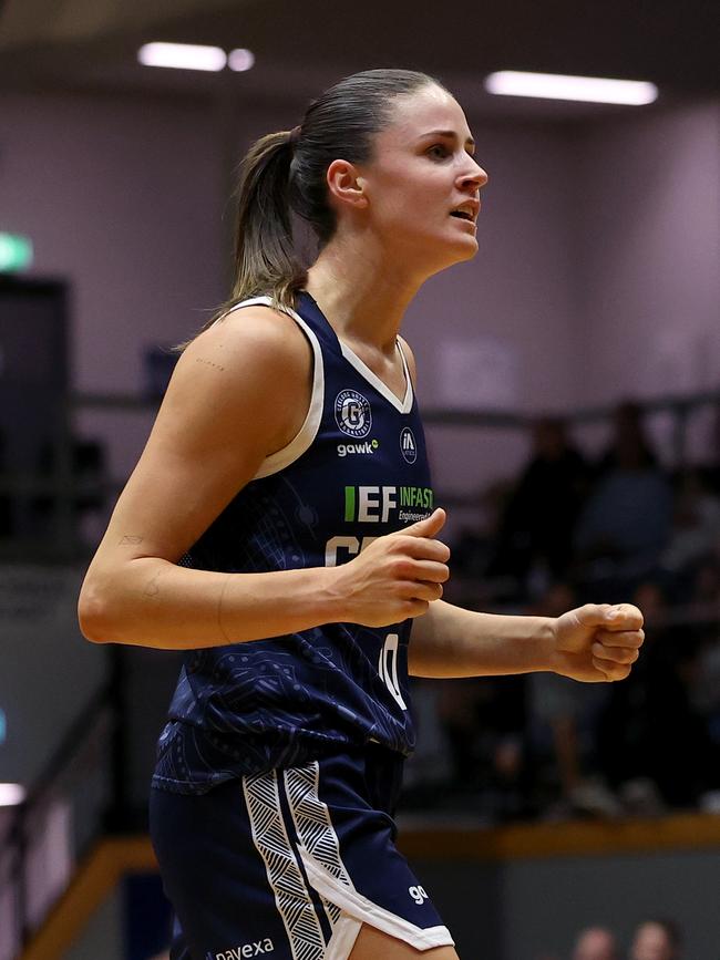 GEELONG, AUSTRALIA - OCTOBER 30: Gemma Potter of Geelong United reacts during the round one WNBL match between Geelong United and Townsville Fire at The Geelong Arena, on October 30, 2024, in Geelong, Australia. (Photo by Kelly Defina/Getty Images)