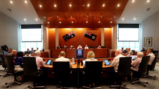 Cairns Regional Council meeting with residents attending to protest the Unity's decision to delegate decisions to the CEO rather than a subcommittee of non-conflicted independent councillors. Picture: Steward McLean