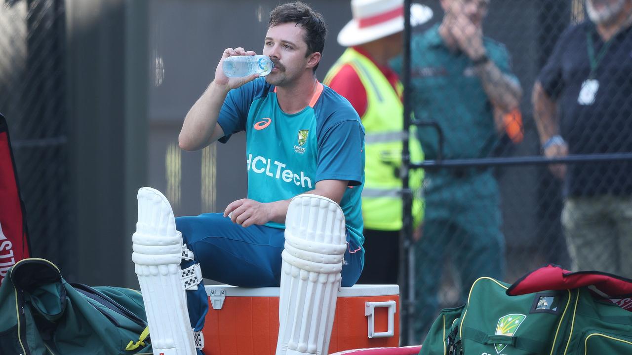 Travis Head rests during training ahead of the men’s Test match series between Australia and West Indies at Adelaide Oval. Picture: Sarah Reed/Getty