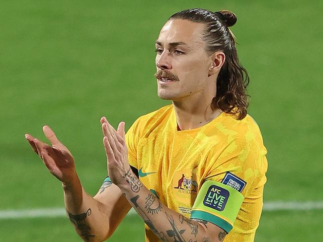 PERTH, AUSTRALIA - JUNE 11: Jackson Irvine of the Socceroos during the Second Round FIFA World Cup 2026 Qualifier match between Australia Socceroos and Palestine at HBF Park on June 11, 2024 in Perth, Australia. (Photo by Janelle St Pierre/Getty Images)