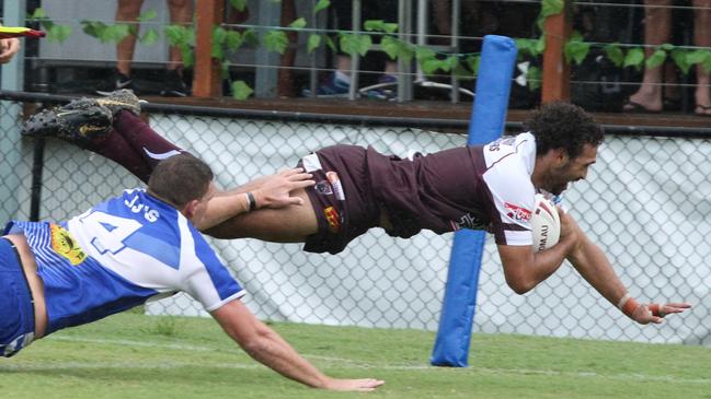 Tyronne Roberts-Davis scores a try against Tugun in Round 1. Picture: Mike Batterham