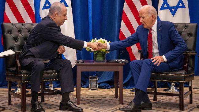 Joe Biden shakes hands with Israeli Prime Minister Benjamin Netanyahu as they meet on the sidelines of the United Nations General Assembly in New York City on September 20. Picture: AFP