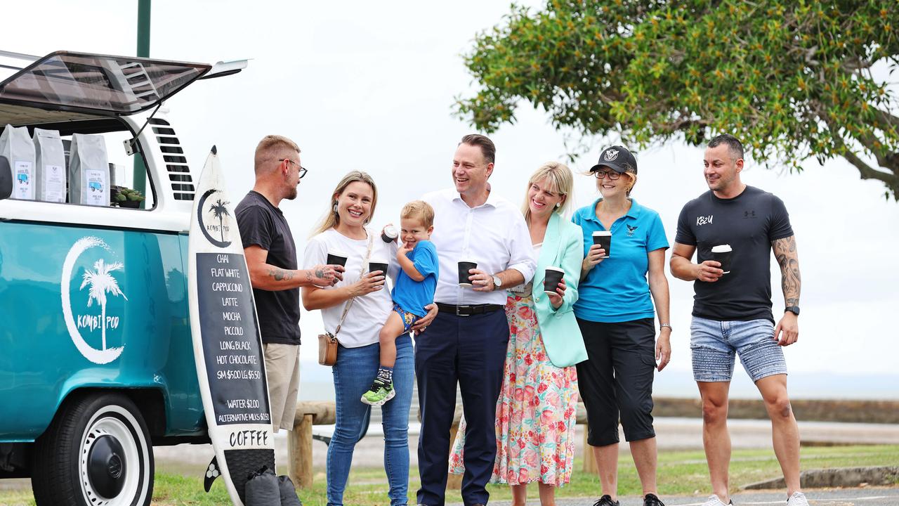 Steve Prater from Kombi Pod, Sarah Anderson with 3-year-old Will, Lord Mayor Adrian Schrinner, Wynnum Manly candidate Alex Givney, Eleanor McNally of 3 Elements Coffee and Gino Ghion of 3 Elements Coffee. Picture: Tara Croser