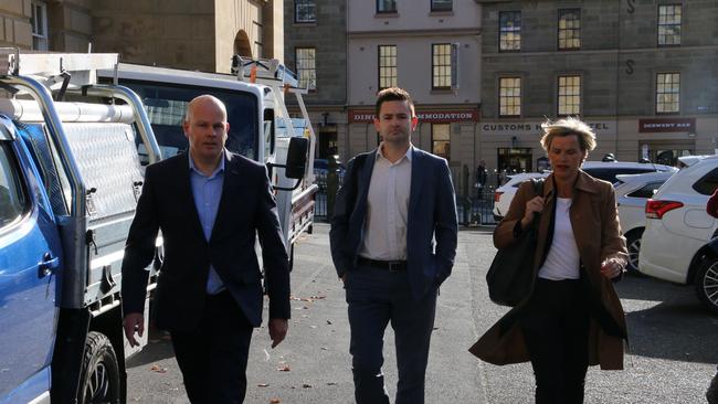 Labor's Shane Broad, Dean Winter and Jen Butler arrive at Parliament House in Hobart ahead of a party meeting on Monday, 17 May 2021.