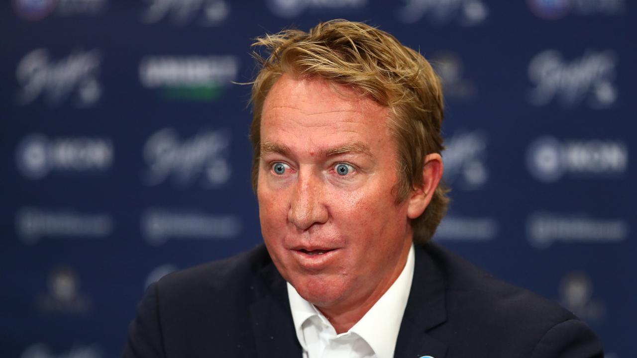 BRISBANE, AUSTRALIA - AUGUST 27: Roosters Head Coach Trent Robinson speaks to media during the round 24 NRL match between the Sydney Roosters and the South Sydney Rabbitohs at Suncorp Stadium, on August 27, 2021, in Brisbane, Australia. (Photo by Chris Hyde/Getty Images)