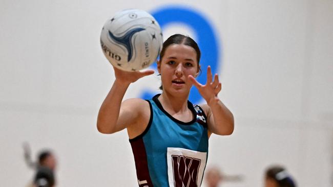 U15 North East v Henderson players during the Netball Victoria State Titles at the State Netball Centre in Parkville, Saturday, Oct. 7, 2023. Picture: Andy Brownbill