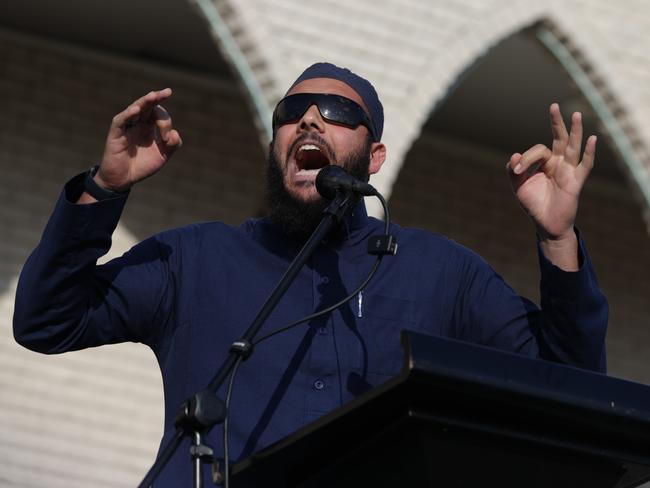 SHEIKH IBRAHIM DADOUN -  Ahmed Bassal addresses the crowd -  Hizb ut-Tahrir hosting a rally outside Lakemba Mosque on Monday afternoon, on the anniversary of the October 7 attacks. Jane Dempster/The Australian.