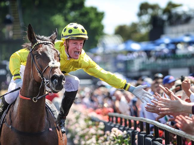 2023 Melbourne Cup Flemington. Running off the Melbourne Cup. Winning jockey Mark Zahra high fives the crowd on race horse Without A Fight on return to scale.     Picture: David Caird