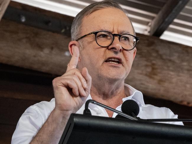 EAST ARNHEM, AUSTRALIA - AUGUST 05: Australian prime Minister Anthony Albanese speaks during Garma Festival 2022 at Gulkula on August 05, 2023 in East Arnhem, Australia.  The annual Garma festival is held at Gulkula, a significant ceremonial site for the Yolngu people of northeast Arnhem Land about 40km from Nhulunbuy on the Gove peninsula in East Arnhem. The festival is a celebration of Yolngu culture aimed at sharing culture and knowledge which also brings politicians and Indigenous leaders together to discuss issues facing Australia's Aboriginal and Torres Strait Islander people. The gathering takes on a special significance in 2023 with a constitutional referendum on the Voice to Parliament to be held later in the year. (Photo by Tamati Smith/Getty Images)