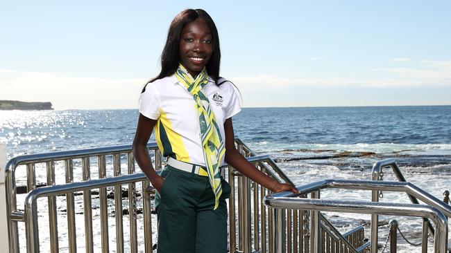 Bendere Oboya poses in her Australian uniform at Wylie's Baths. Picture: Matt King/Getty Images)