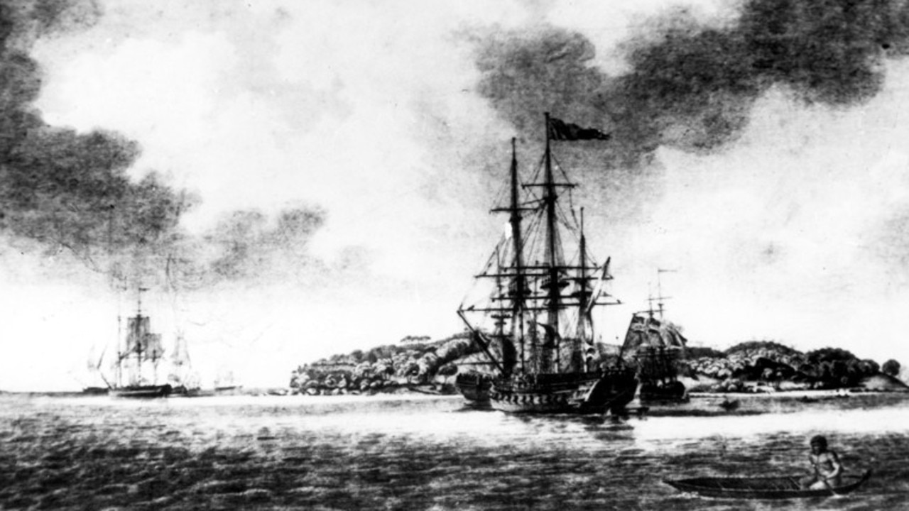 Picture of the tall ships of the First Fleet at anchor just inside Sydney Harbour in 1788. Picture: British Armed Forces / Navy NSW / Early Settler Historical