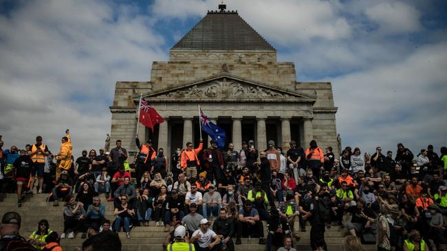 Protesters gather at the Shrine of Remembrance, surrounded by police. Picture: Getty Images