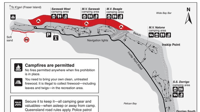 Map of Inskip Point showing the Sarawak and Beagle campgrounds - the sinkhole has opened up in between those two camping area.