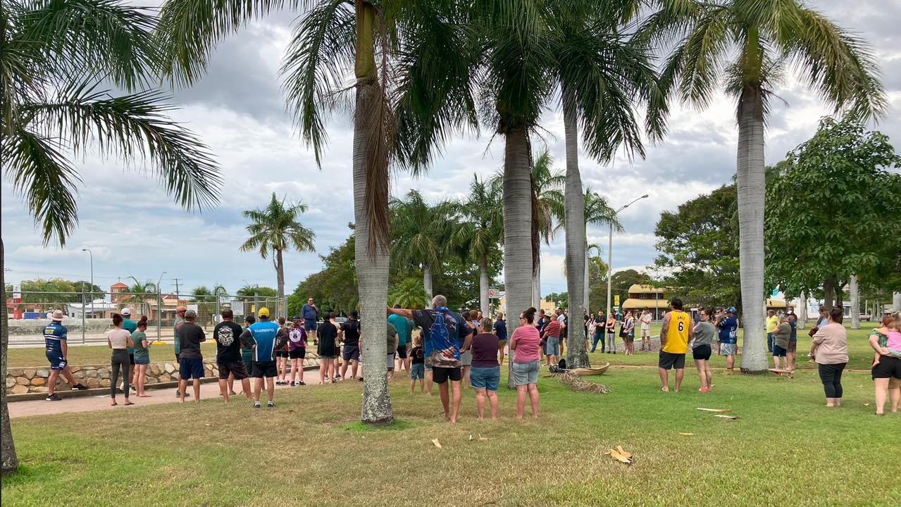 A crowd gathered to listen to Torin O'Brien speak about crime in Rockhampton in May 2023.