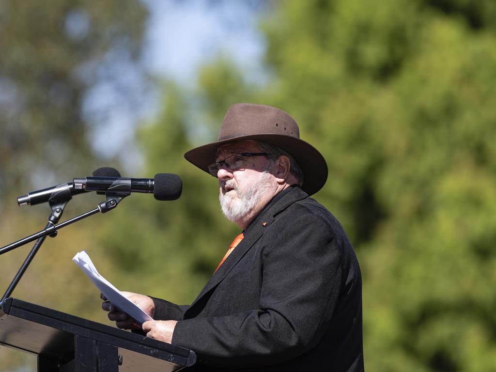 Toowoomba's Anzac Day mid-morning service master of ceremonies Peter Devey at the Mothers' Memorial, Thursday, April 25, 2024. Picture: Kevin Farmer