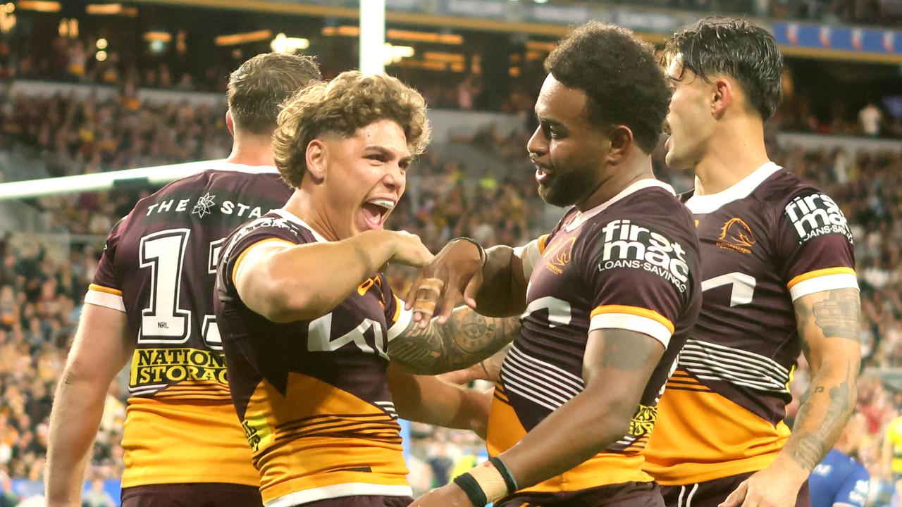 The Broncos celebrate a try to Ezra Mam. Picture: Steve Pohlner