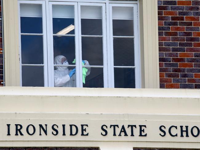 Ironside State School at St Lucia is the centre of the latest covid-19 outbreak. Pictures of cleaners deep cleaning the classrooms. St Lucia Monday 2nd August 2021 Picture David Clark