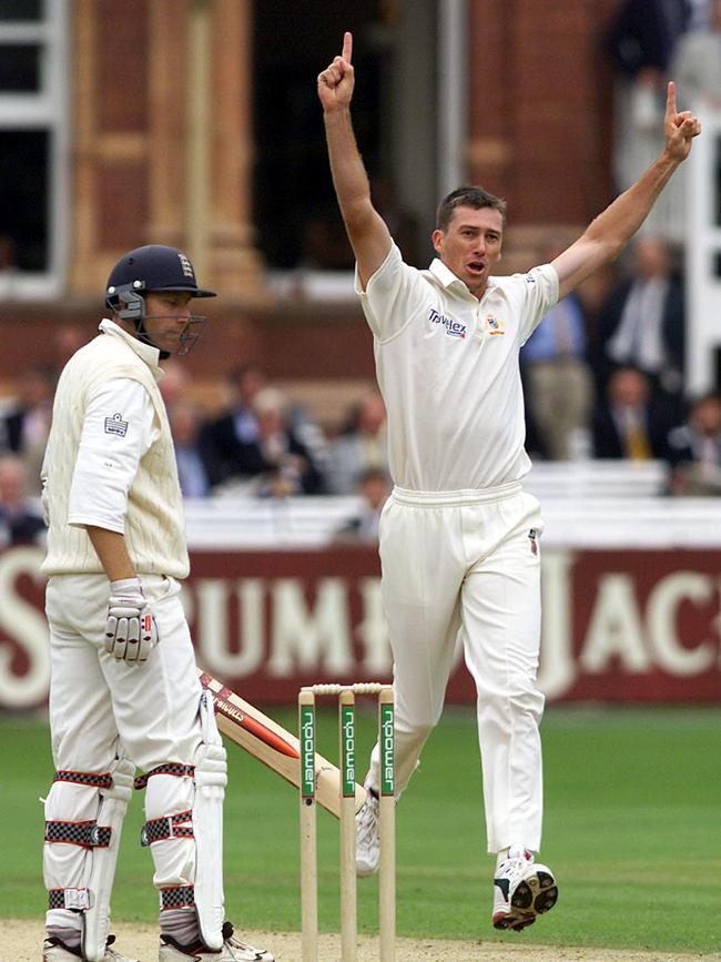 Glenn McGrath celebrates another wicket of Michael Atherton. Picture: ALLSPORT