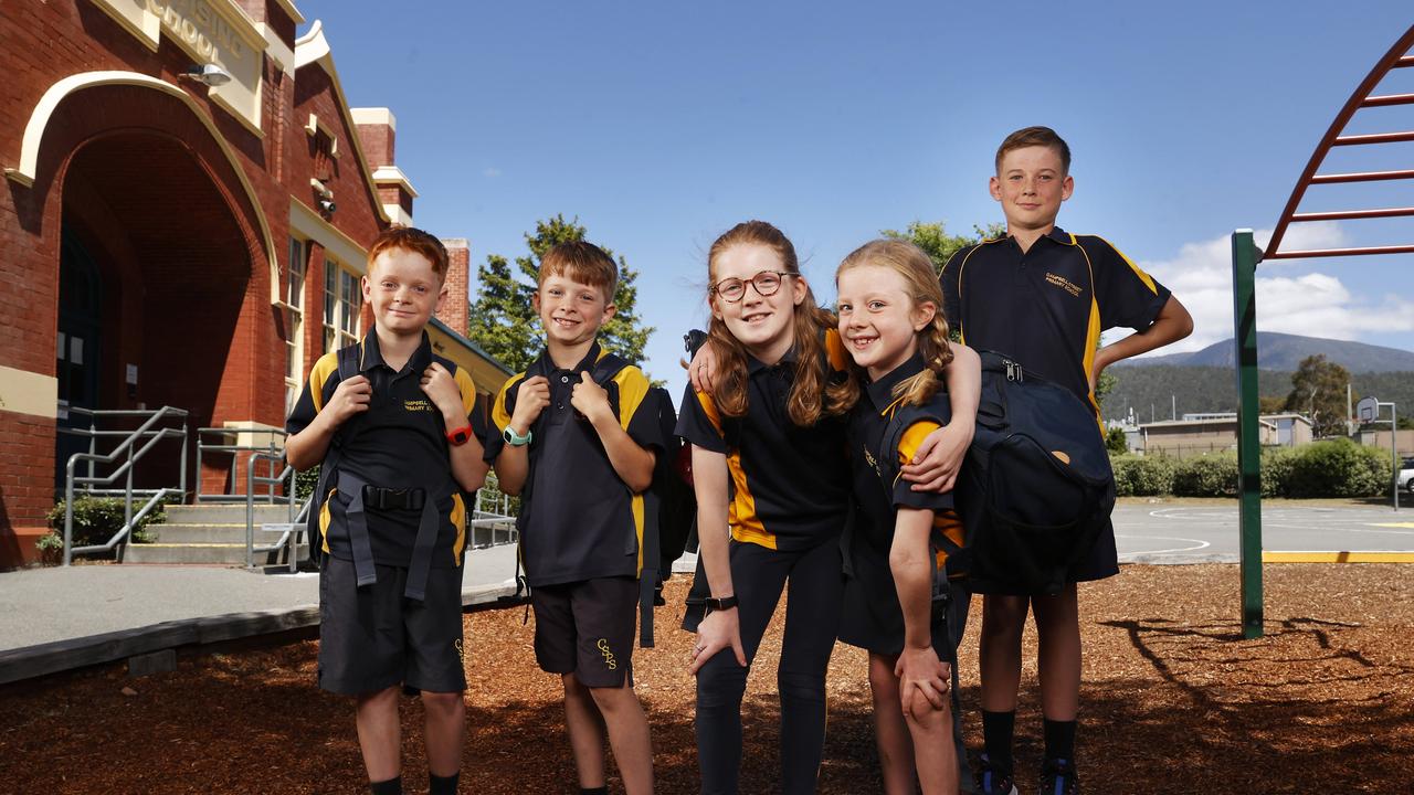 Dominic McShane 8 grade 3 with twin brother Aaron McShane 8 grade 3, sisters Ella Bain 10 grade 5 and Juliet Bain 7 grade 2 and Travis McShane 11 grade 6 who will all head back to school at Campbell Street Primary School. Back to school for 2025. Picture: Nikki Davis-Jones