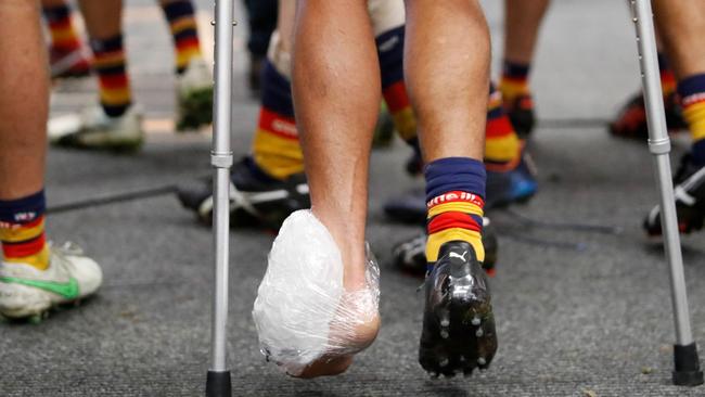 The injured foot of Shane McAdam after the game at Blundstone Arena. Picture: Dylan Burns/AFL Photos via Getty Images