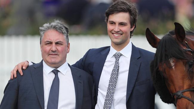 Racing. Caulfield Guineas Day at Caulfield Racecourse, Melbourne. Race 8. The Caulfield Guineas over 1600 meters.    Anthony Freedman and his son Sam with Super Seth after winning the Caulfield Guineas    .Picture: Michael Klein.