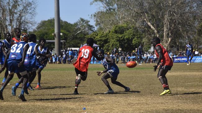 Players in action during the Tiwi Island Football League grand final between Tuyu Buffaloes and Pumarali Thunder. Picture: Max Hatzoglou
