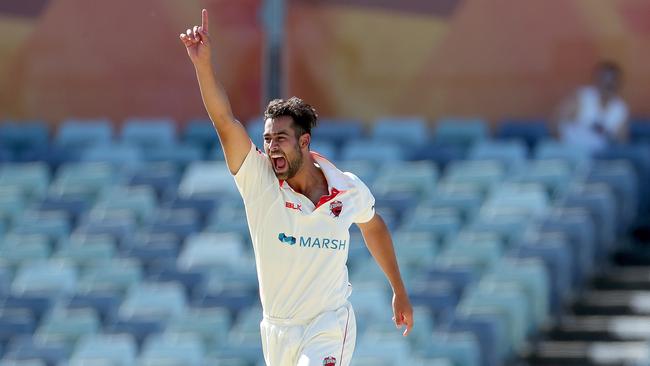 Wes Agar celebrates after dismissing Jake Carder of Western Australia on day 3 of the Sheffield Shield match between Western Australia and South Australia at the WACA Ground. Picture: Richard Wainwright/AAP