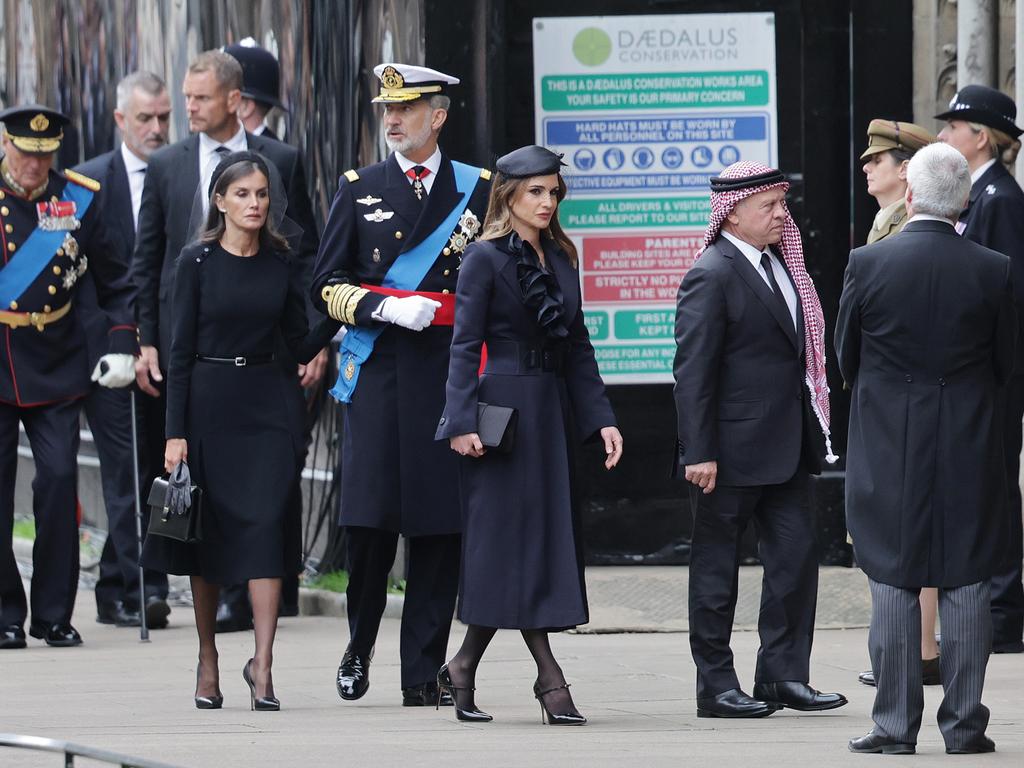 Queen Letitzia of Spain, King Felipe, Queen Rania of Jordan and Abdullah II of Jordan arrive at Westminster Abbey. Picture: Getty Images