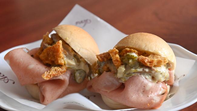 Mortadella bun with pork crackling and sweet pickle at the new Aces. Picture: Keryn Stevens