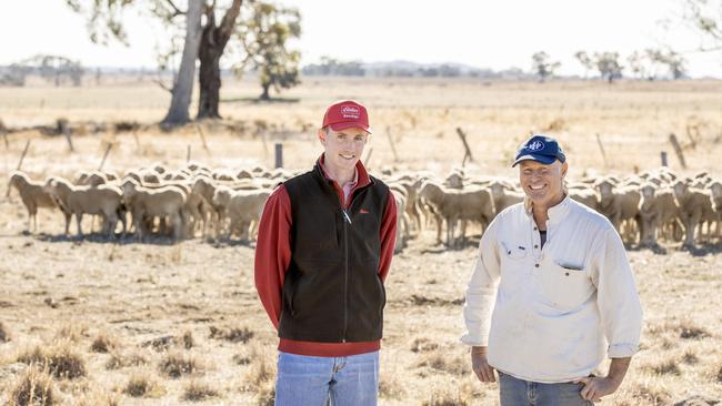 Elders Bendigo livestock agent Jett Nicholas and farmer Ben McCooke at Axedale. Picture: Zoe Phillips
