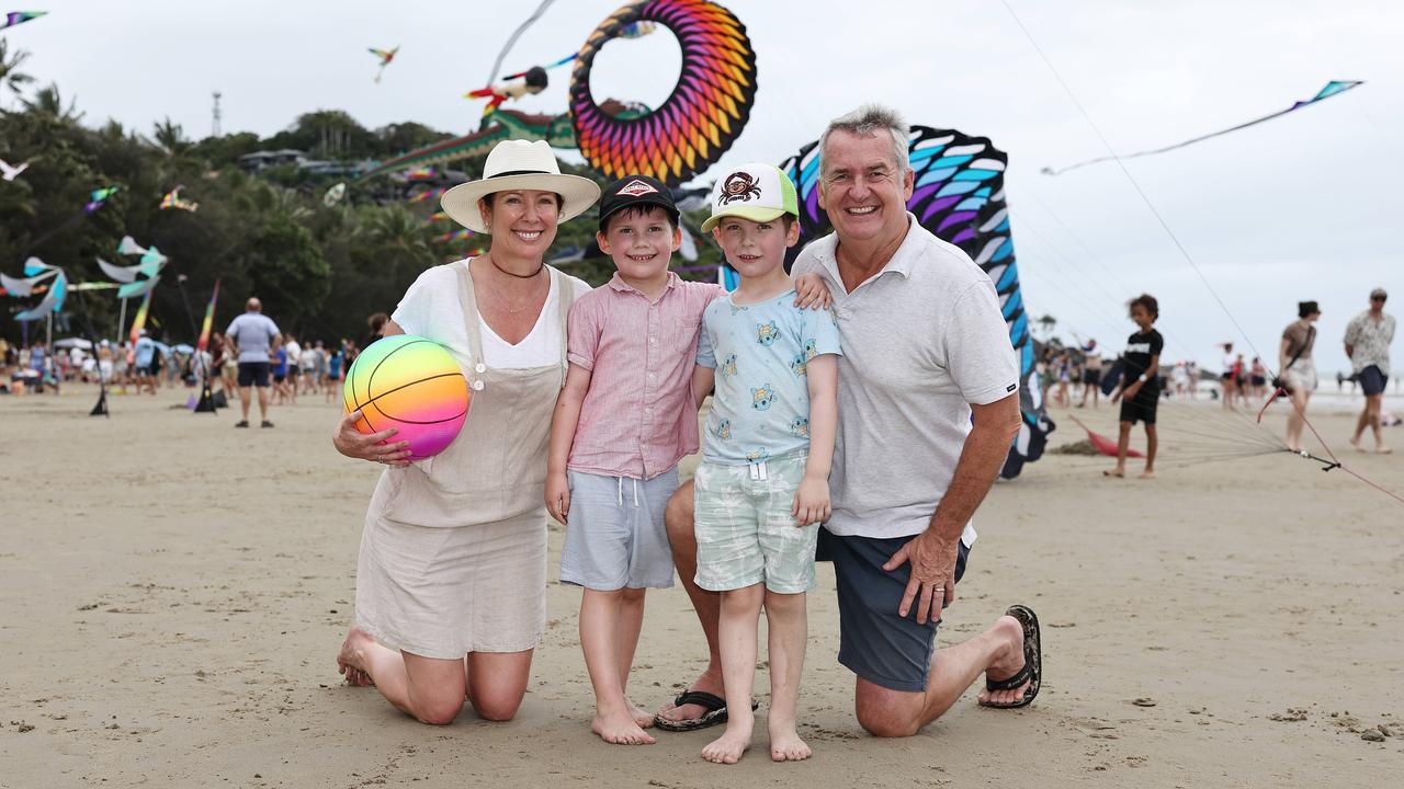 Nel Milne, Harry Milne, 6, Charlie Milne, 5, and Alan Milne at Port Douglas Carnivale's family beach day. Picture: Brendan Radke