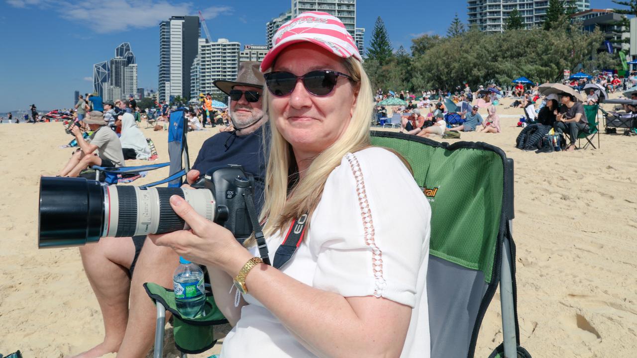 Cheryl Van Hooft enjoying the inaugural Pacific Air Show over Surfers Paradise. Picture: Glenn Campbell