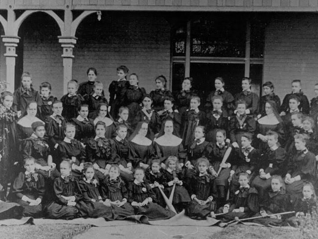 A class photograph taken at Rosebank College, Five Dock, from the late 1800s.