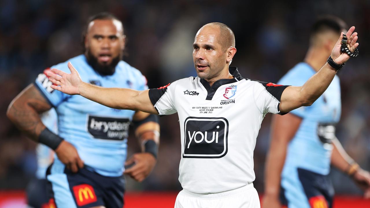 Referee Ashley Klein awards a penalty during Origin I. Picture: Mark Kolbe/Getty Images