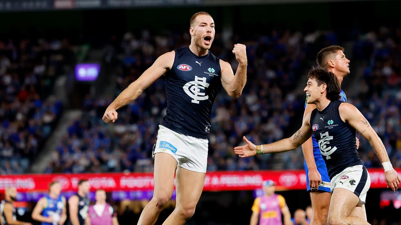 MELBOURNE - APRIL 07: Harry McKay of the Blues celebrates a goal during the 2023 AFL Round 04 match between the North Melbourne Kangaroos and the Carlton Blues at Marvel Stadium on April 7, 2023 in Melbourne, Australia. (Photo by Dylan Burns/AFL Photos via Getty Images)