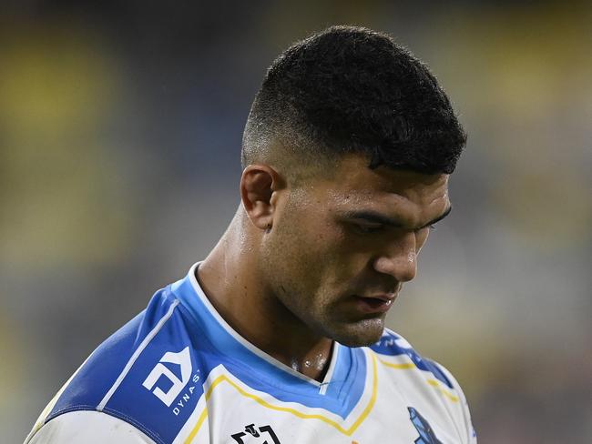 TOWNSVILLE, AUSTRALIA - APRIL 23:  David Fifita of the Titans  looks dejected after losing the round seven NRL match between the North Queensland Cowboys and the Gold Coast Titans at Qld Country Bank Stadium, on April 23, 2022, in Townsville, Australia. (Photo by Ian Hitchcock/Getty Images)