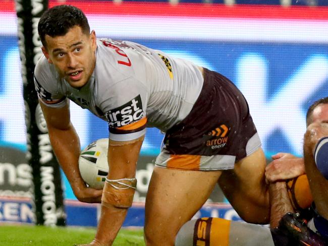 Bronco's Jordan Kahu after he picked up the short drop kick and attempted to score a try during the round 5 NRL game between the Canterbury Bulldogs and the Brisbane Broncos at ANZ Stadium , Homebush . Picture : Gregg Porteous