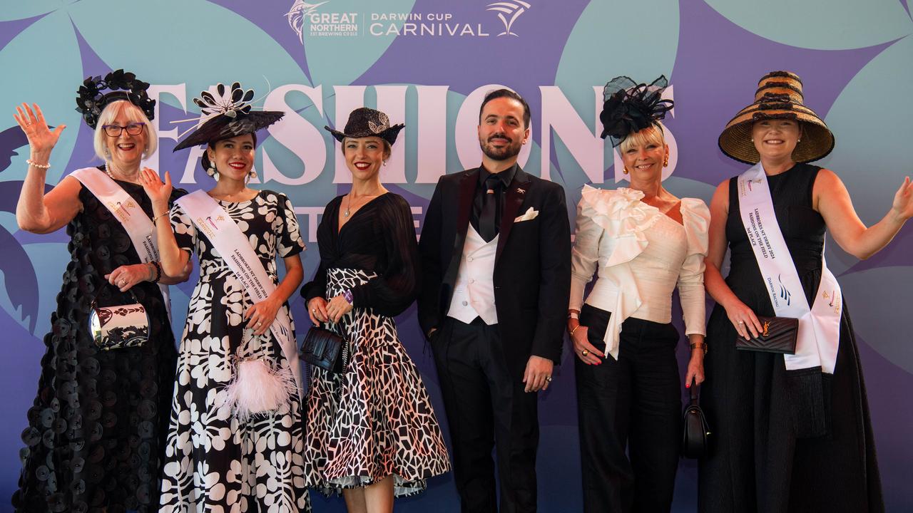 Terri Hart, Anggie Wibowo, Tatiana Hoffmann, Alex Maestracci, Leah Bennett and Bridget MÃ&#149;cue at the 2024 Darwin Cup Carnival Derby Day. Picture: Pema Tamang Pakhrin