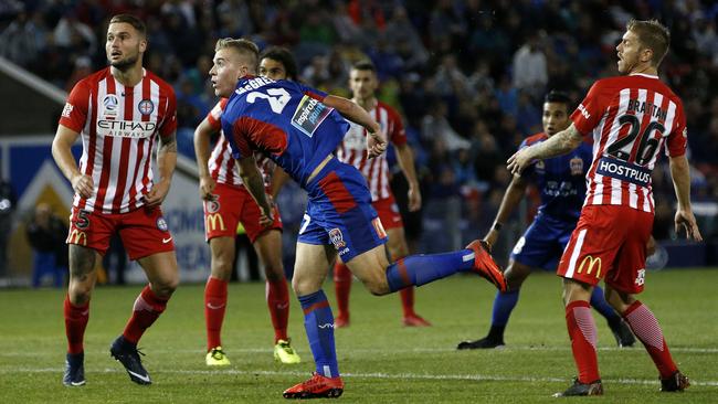 Riley McGree watches his wonder strike arc towards the goal. Picture: AAP