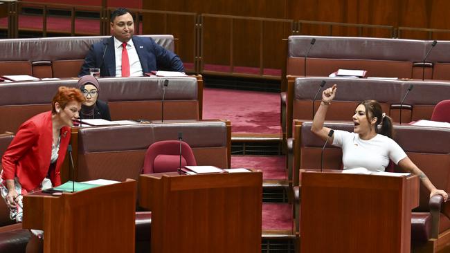 Pauline Hanson and Lidia Thorpe during a disagreement on Wednesday. Picture: NewsWire / Martin Ollman